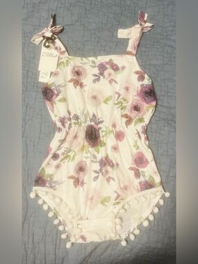 NWT 18M Donna Belle Floral Pom-Pom One-Piece Romper — Cream with Purple Flowers